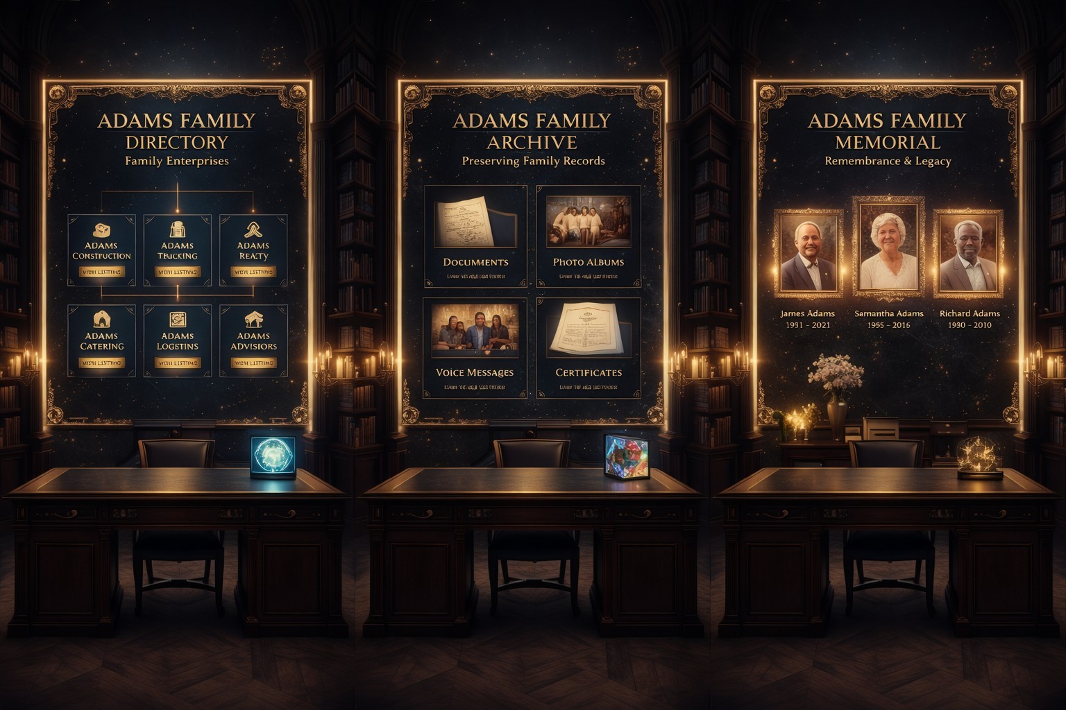 Example digital family registry dashboard with lineage archive and memorial sections